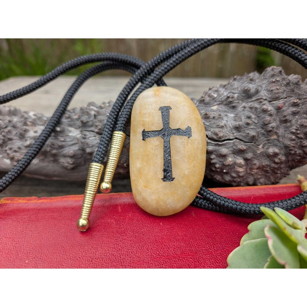 Handcrafted Etched River Stone Bolo Tie, Heraldic Cross Western Necklace